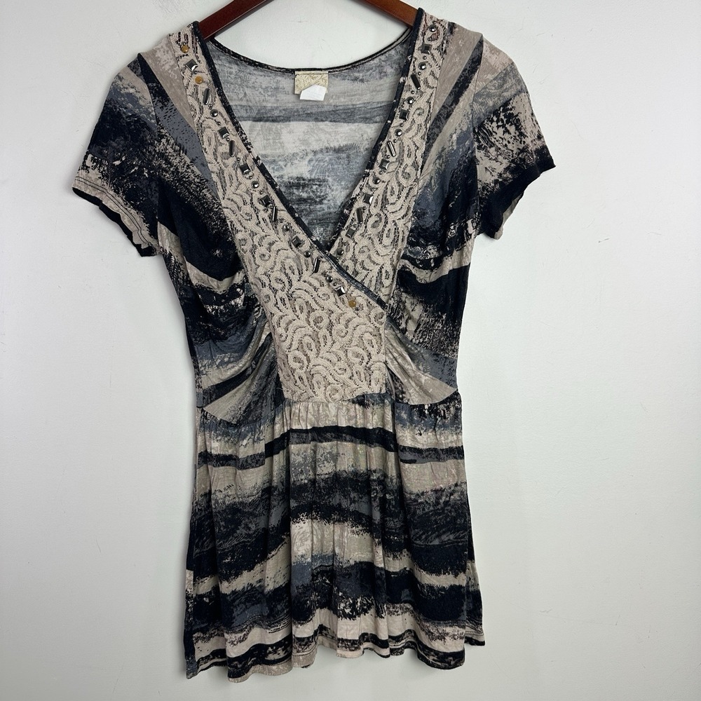 Vintage Y2K Babydoll Top Large Deep V Neck Lace Studded Whimsigoth Fairy‎ Grunge